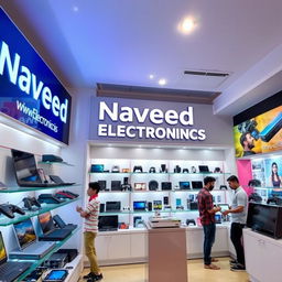 A vibrant electronics shop named 'Naveed Electronics', showcasing a diverse range of electronic products like laptops, smartphones, cameras, and gaming consoles beautifully arranged on sleek display shelves