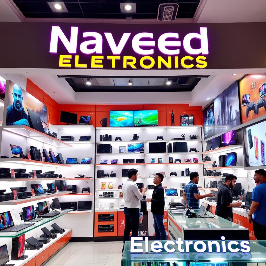 A vibrant electronics shop named 'Naveed Electronics', showcasing a diverse range of electronic products like laptops, smartphones, cameras, and gaming consoles beautifully arranged on sleek display shelves