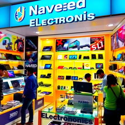 A vibrant electronics shop named 'Naveed Electronics', showcasing a diverse range of electronic products like laptops, smartphones, cameras, and gaming consoles beautifully arranged on sleek display shelves