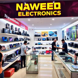 A vibrant electronics shop named 'Naveed Electronics', showcasing a diverse range of electronic products like laptops, smartphones, cameras, and gaming consoles beautifully arranged on sleek display shelves