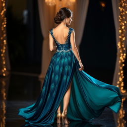 A stunning peacock short cocktail dress that flows elegantly into a floor-length gown at the back