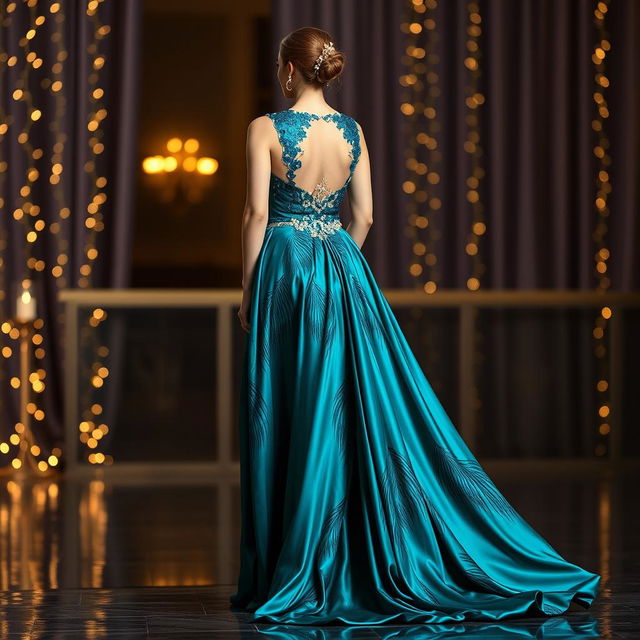 A stunning peacock short cocktail dress that flows elegantly into a floor-length gown at the back