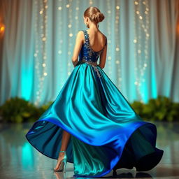 A stunning peacock short cocktail dress that flows elegantly into a floor-length gown at the back