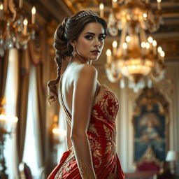 A captivating royal woman dressed in an exquisite, elegant gown adorned with intricate golden embroidery