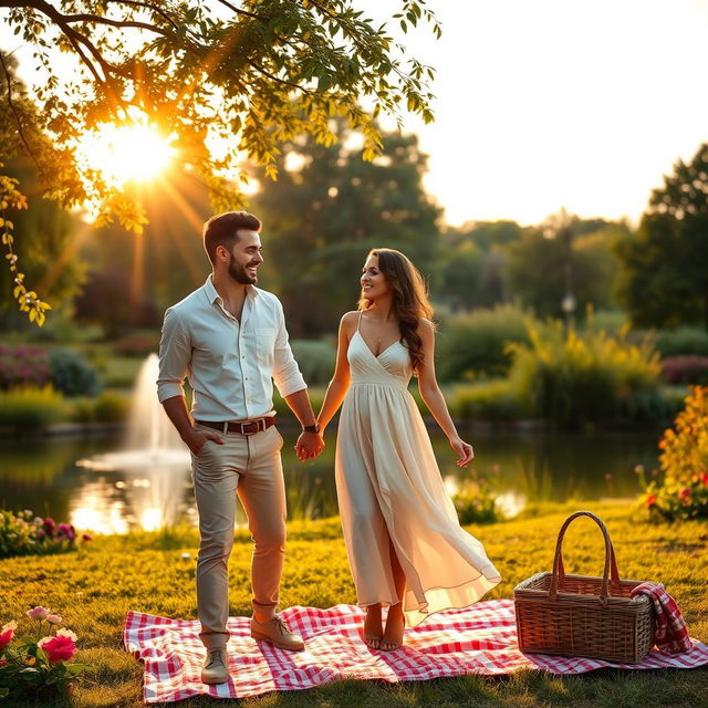 A captivating and cheerful outdoor scene featuring a couple on a romantic date in a park