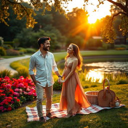 A captivating and cheerful outdoor scene featuring a couple on a romantic date in a park