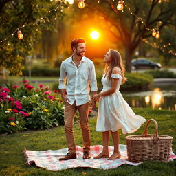 A captivating and cheerful outdoor scene featuring a couple on a romantic date in a park