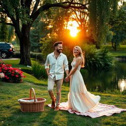 A captivating and cheerful outdoor scene featuring a couple on a romantic date in a park