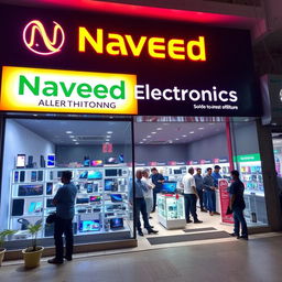 A vibrant electronics shop named 'Naveed Electronics' featuring a sleek modern storefront with large glass windows displaying the latest gadgets like smartphones, laptops, and smart home devices