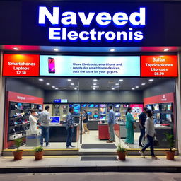 A vibrant electronics shop named 'Naveed Electronics' featuring a sleek modern storefront with large glass windows displaying the latest gadgets like smartphones, laptops, and smart home devices