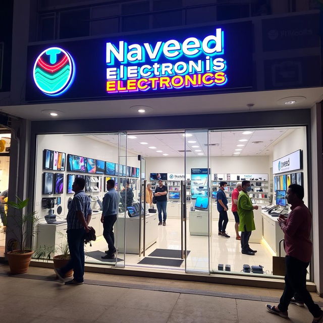 A vibrant electronics shop named 'Naveed Electronics' featuring a sleek modern storefront with large glass windows displaying the latest gadgets like smartphones, laptops, and smart home devices