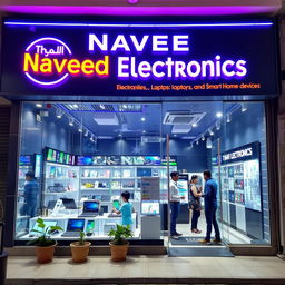 A vibrant electronics shop named 'Naveed Electronics' featuring a sleek modern storefront with large glass windows displaying the latest gadgets like smartphones, laptops, and smart home devices