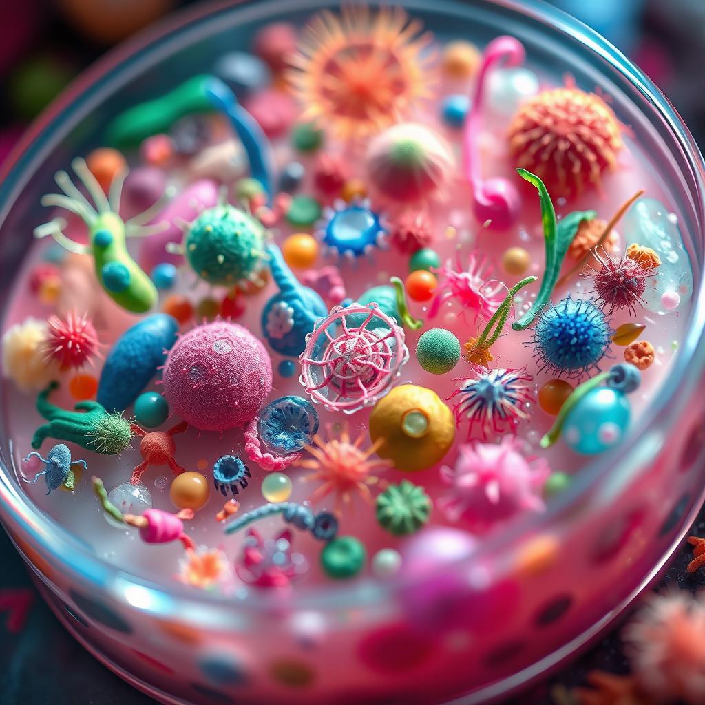 A vibrant and intricate illustration of various microorganisms in a colorful microscopic environment, showcasing an array of bacteria, algae, and protozoa, each with unique shapes and textures