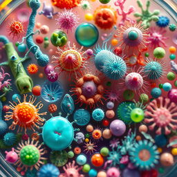 A vibrant and intricate illustration of various microorganisms in a colorful microscopic environment, showcasing an array of bacteria, algae, and protozoa, each with unique shapes and textures