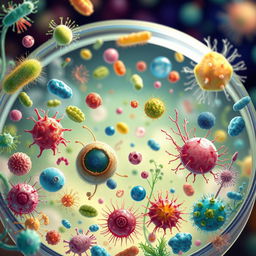 A vibrant and intricate illustration of various microorganisms in a colorful microscopic environment, showcasing an array of bacteria, algae, and protozoa, each with unique shapes and textures