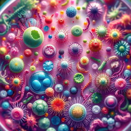 A vibrant and intricate illustration of various microorganisms in a colorful microscopic environment, showcasing an array of bacteria, algae, and protozoa, each with unique shapes and textures