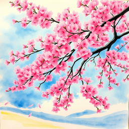 A picturesque watercolor painting of a cherry blossom tree in full bloom, showcasing vibrant pink flowers densely packed on branches, set against a serene blue sky