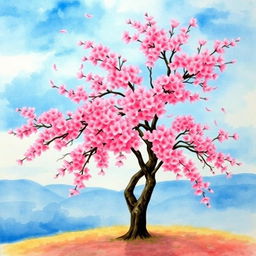 A picturesque watercolor painting of a cherry blossom tree in full bloom, showcasing vibrant pink flowers densely packed on branches, set against a serene blue sky