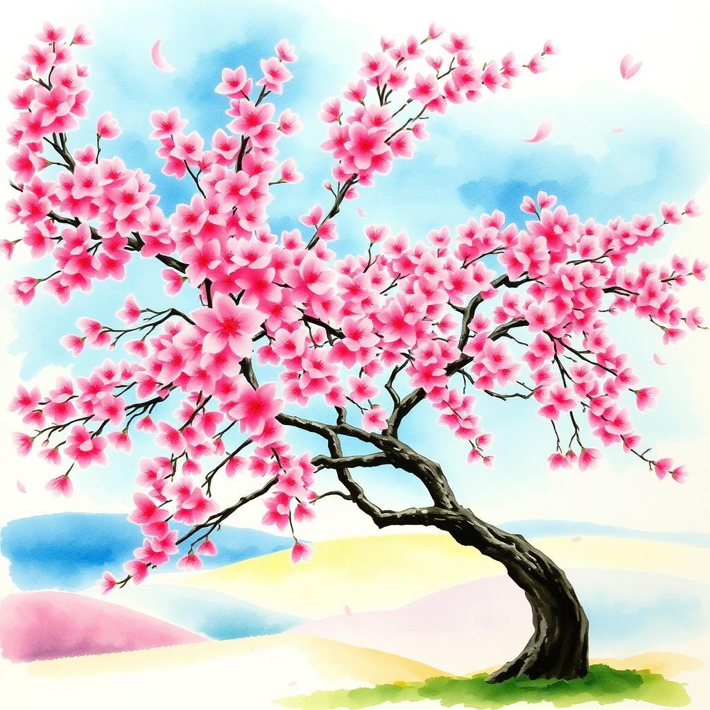 A picturesque watercolor painting of a cherry blossom tree in full bloom, showcasing vibrant pink flowers densely packed on branches, set against a serene blue sky