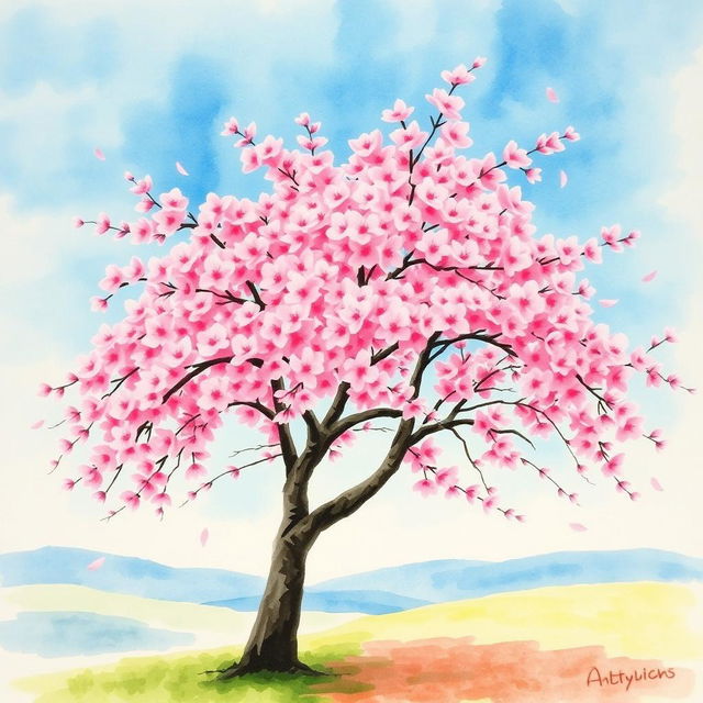 A picturesque watercolor painting of a cherry blossom tree in full bloom, showcasing vibrant pink flowers densely packed on branches, set against a serene blue sky