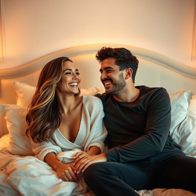 A beautiful woman and a man laughing together on a cozy bed, exuding joy and intimacy, surrounded by soft pillows and warm lighting that enhances the cheerful atmosphere