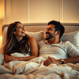 A beautiful woman and a man laughing together on a cozy bed, exuding joy and intimacy, surrounded by soft pillows and warm lighting that enhances the cheerful atmosphere