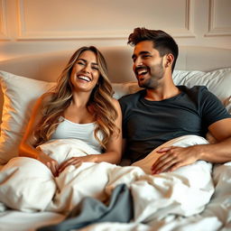 A beautiful woman and a man laughing together on a cozy bed, exuding joy and intimacy, surrounded by soft pillows and warm lighting that enhances the cheerful atmosphere