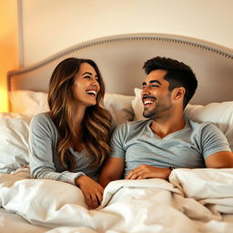 A beautiful woman and a man laughing together on a cozy bed, exuding joy and intimacy, surrounded by soft pillows and warm lighting that enhances the cheerful atmosphere