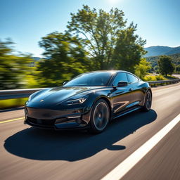 A sleek, modern car speeding down a scenic highway, surrounded by lush green trees and a bright blue sky