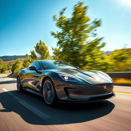 A sleek, modern car speeding down a scenic highway, surrounded by lush green trees and a bright blue sky