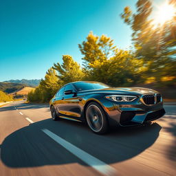 A sleek, modern car speeding down a scenic highway, surrounded by lush green trees and a bright blue sky