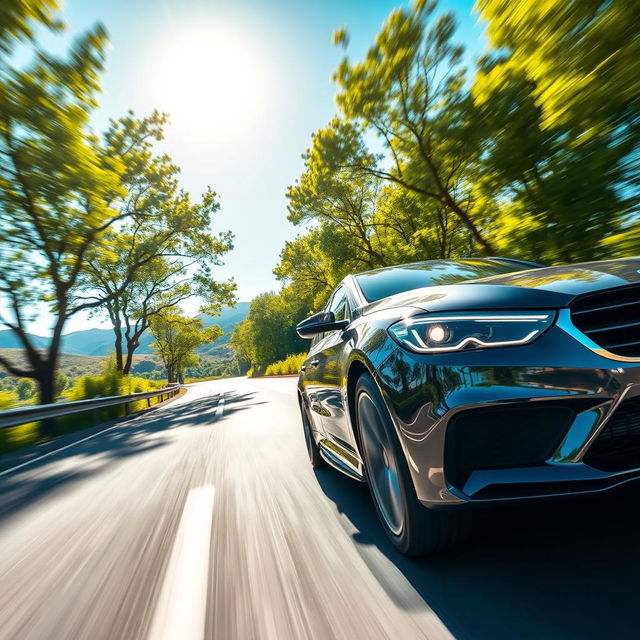 A sleek, modern car speeding down a scenic highway, surrounded by lush green trees and a bright blue sky