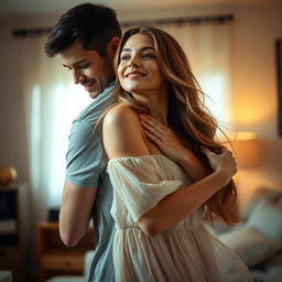 A beautiful woman being embraced from behind by a man, capturing a tender and intimate moment