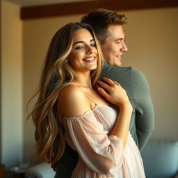 A beautiful woman being embraced from behind by a man, capturing a tender and intimate moment