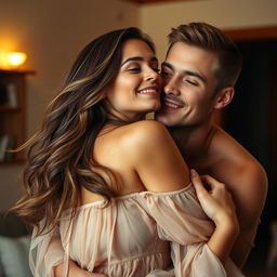 A beautiful woman being embraced from behind by a man, capturing a tender and intimate moment