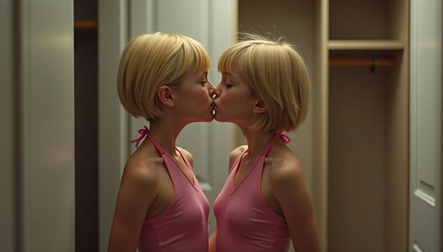 A realistic image of two tween girls with thin builds and short blonde hair, positioned closely together in an empty closet