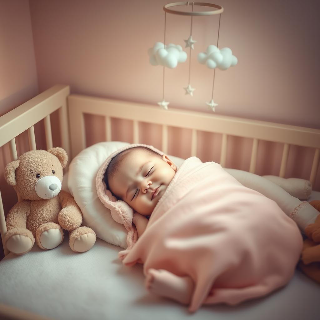 A beautiful and serene scene of a cute baby sleeping peacefully in a cozy nursery