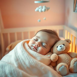 A beautiful and serene scene of a cute baby sleeping peacefully in a cozy nursery