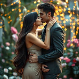 A beautiful woman with long, flowing dark hair, wearing an elegant dress that hugs her figure gracefully