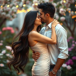 A beautiful woman with long, flowing dark hair, wearing an elegant dress that hugs her figure gracefully