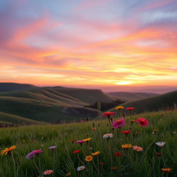 A stunning landscape at sunrise, featuring rolling hills and a vibrant sky filled with shades of pink, orange, and purple