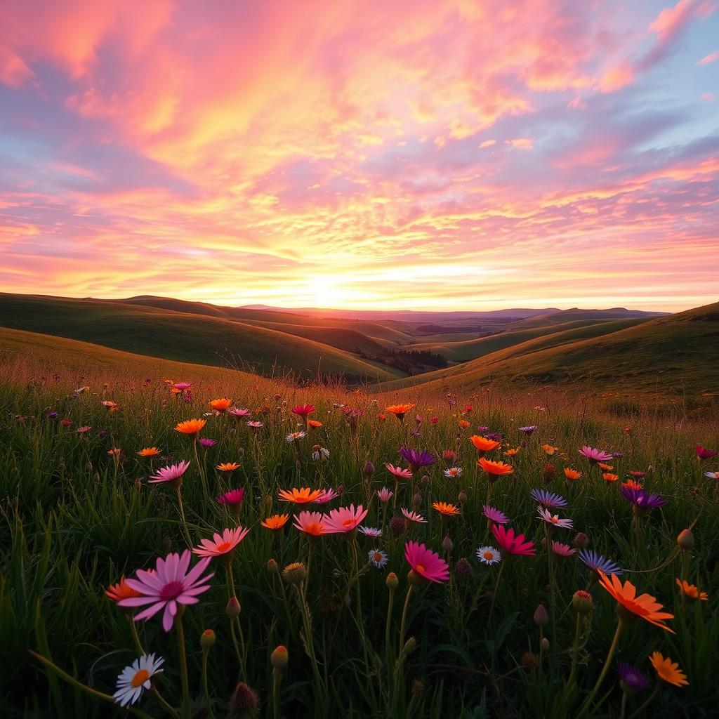 A stunning landscape at sunrise, featuring rolling hills and a vibrant sky filled with shades of pink, orange, and purple