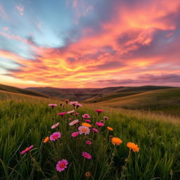 A stunning landscape at sunrise, featuring rolling hills and a vibrant sky filled with shades of pink, orange, and purple