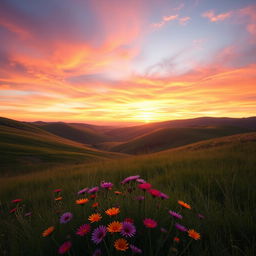 A stunning landscape at sunrise, featuring rolling hills and a vibrant sky filled with shades of pink, orange, and purple