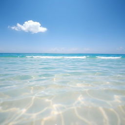 A serene beach scene with gently lapping waves under a clear blue sky