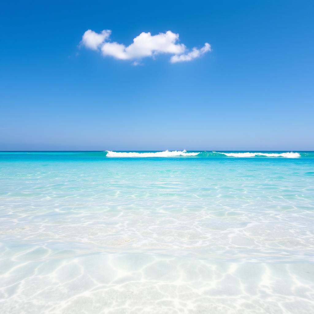 A serene beach scene with gently lapping waves under a clear blue sky