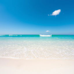 A serene beach scene with gently lapping waves under a clear blue sky