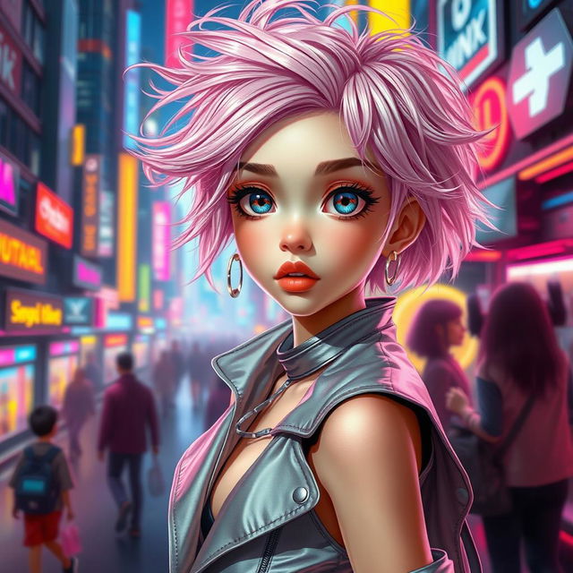 A girl with fair skin and tousled pastel pink hair, embodying a futuristic style