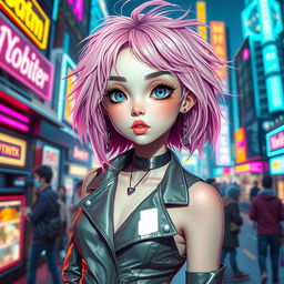 A girl with fair skin and tousled pastel pink hair, embodying a futuristic style