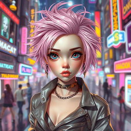 A girl with fair skin and tousled pastel pink hair, embodying a futuristic style